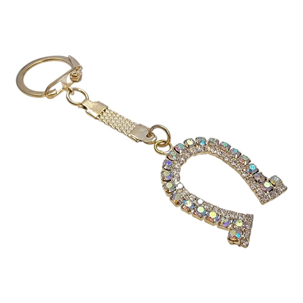 Vintage AB Rhinestone Lucky Horseshoe Keychain Gold Tone Mesh Key Ring Charm